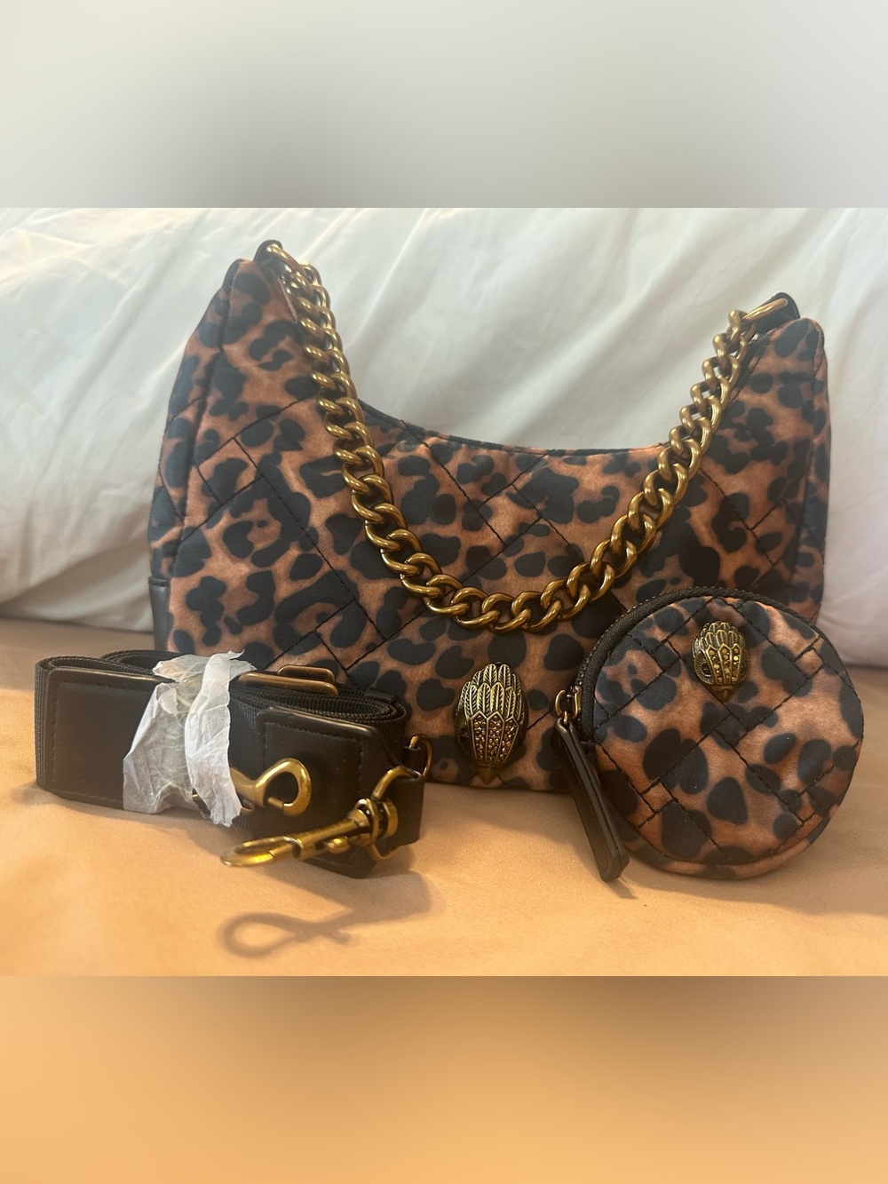 Kurt Geiger Leopard Print Quilted Hobo with Gold Chain